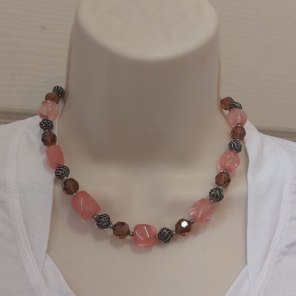 Jewelry - Bali Style Silver Tone Beads and Faceted Glass Beads Toggle Clasp Necklace